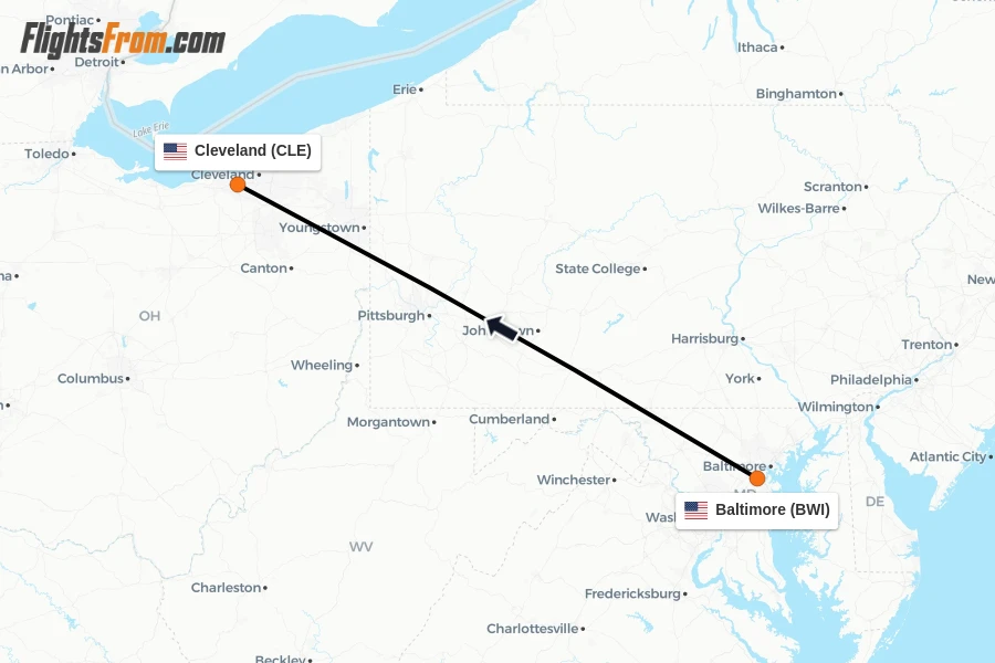 Flights from Baltimore to Cleveland route map