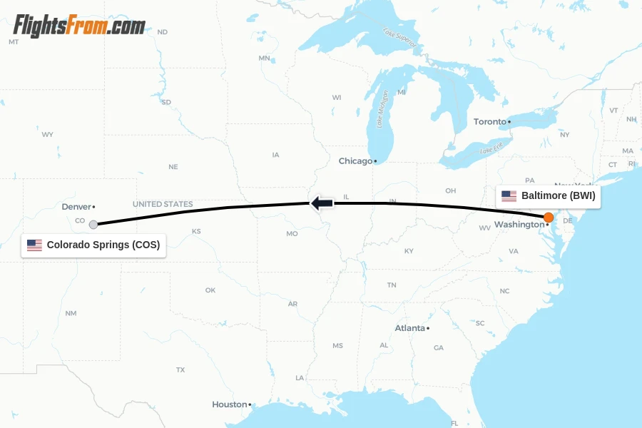 Flights from Baltimore to Colorado Springs route map