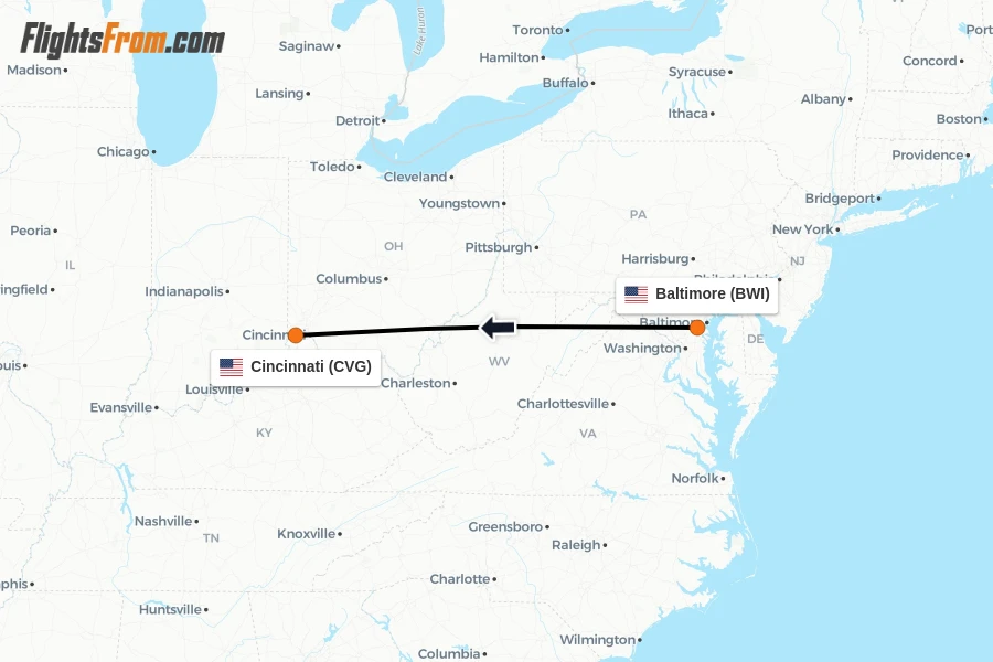 Flights from Baltimore to Cincinnati route map