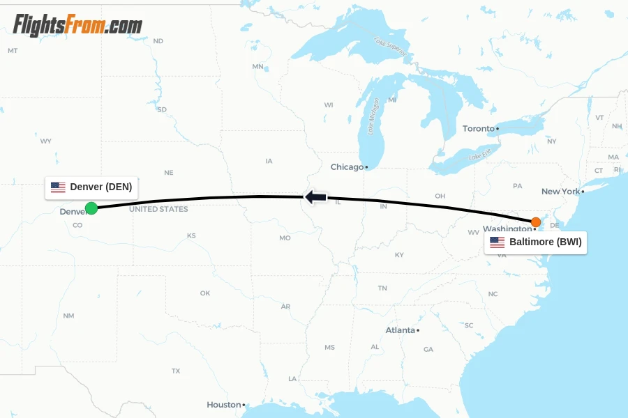 Flights from Baltimore to Denver route map