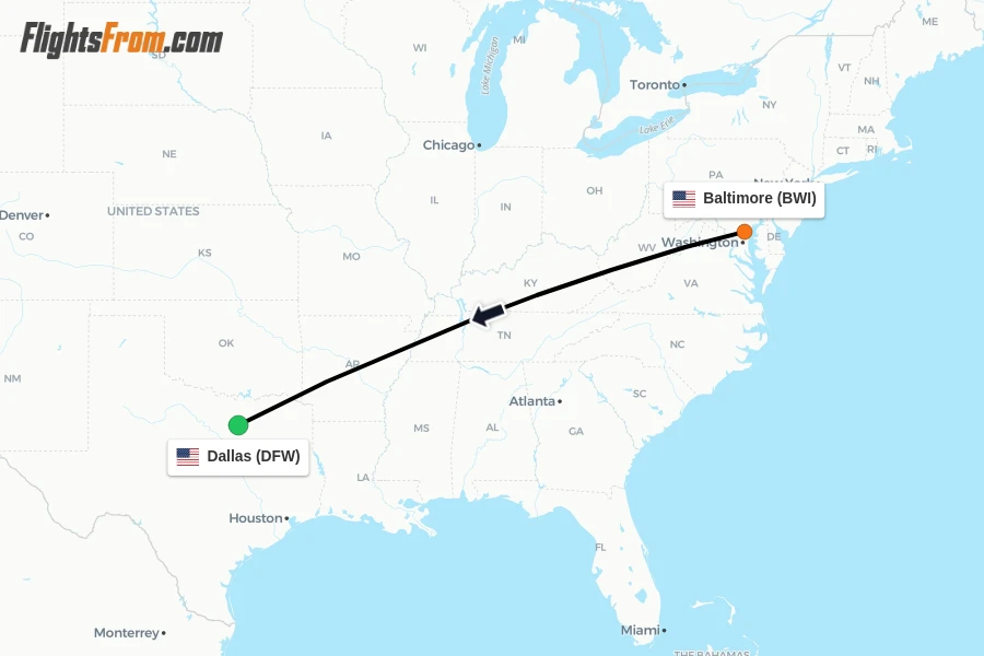 Flights from Baltimore to Dallas route map