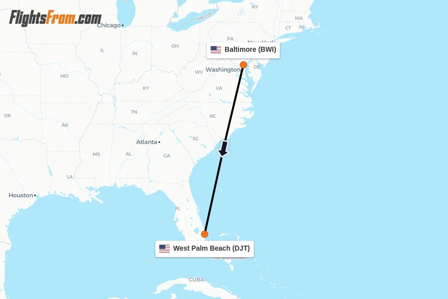 Flights from Baltimore to West Palm Beach route map