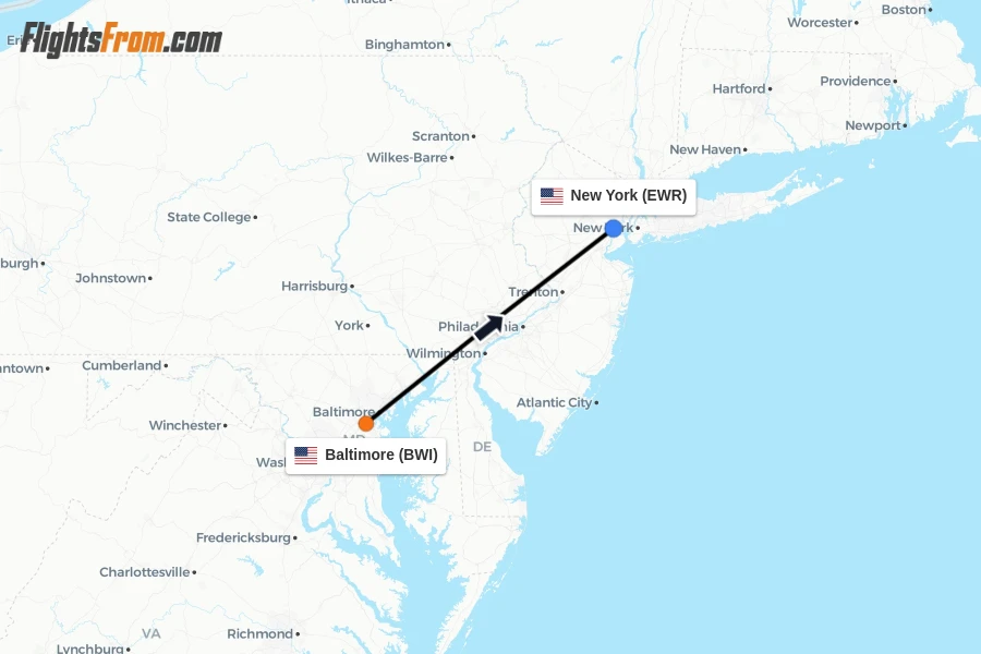 Flights from Baltimore to New York route map