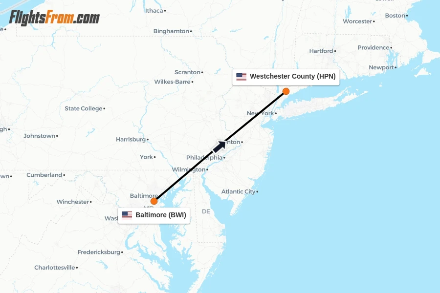 Flights from Baltimore to Westchester County route map