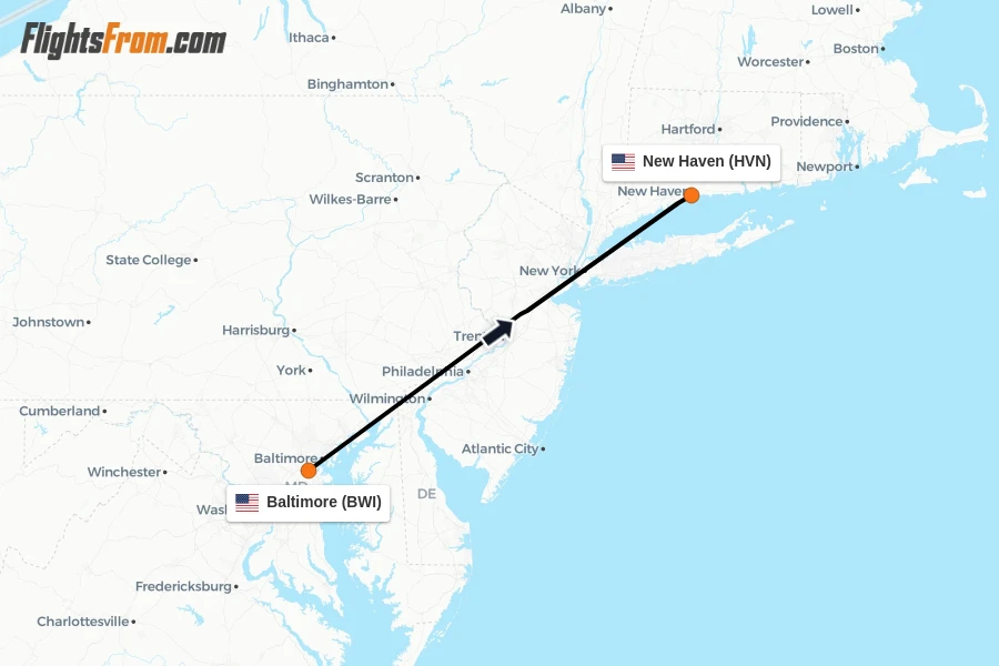 Flights from Baltimore to New Haven route map