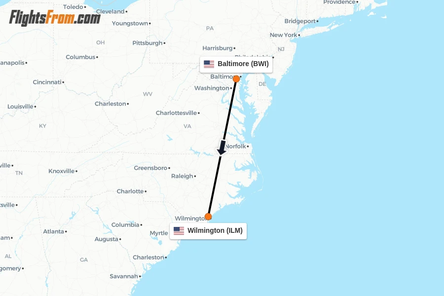 Flights from Baltimore to Wilmington route map