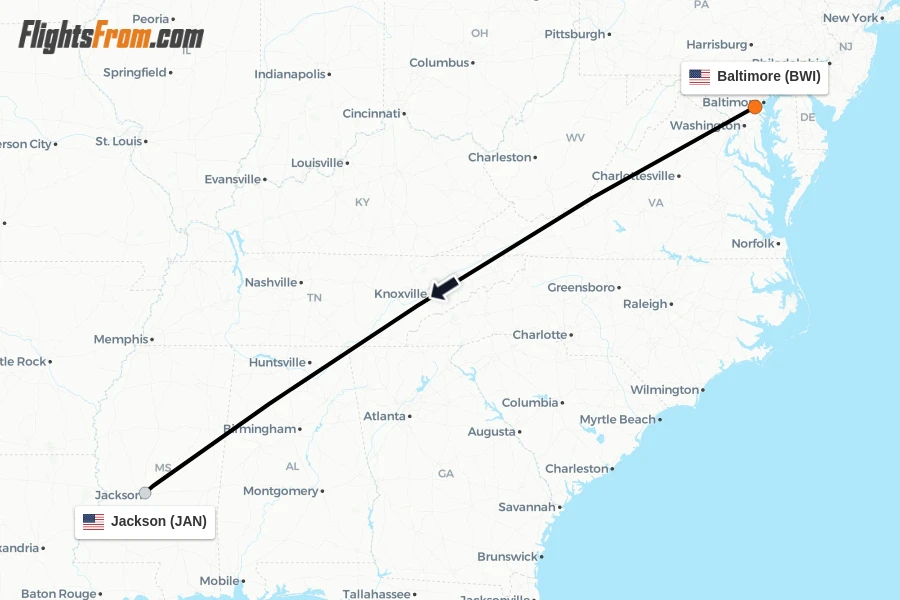 Flights from Baltimore to Jackson route map