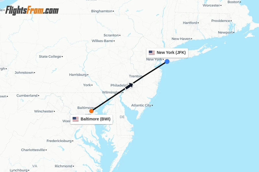 Flights from Baltimore to New York route map