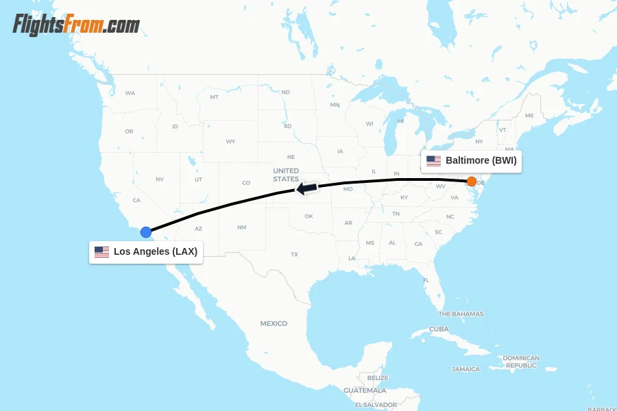 Flights from Baltimore to Los Angeles route map