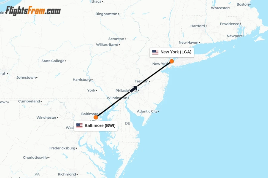 Flights from Baltimore to New York route map
