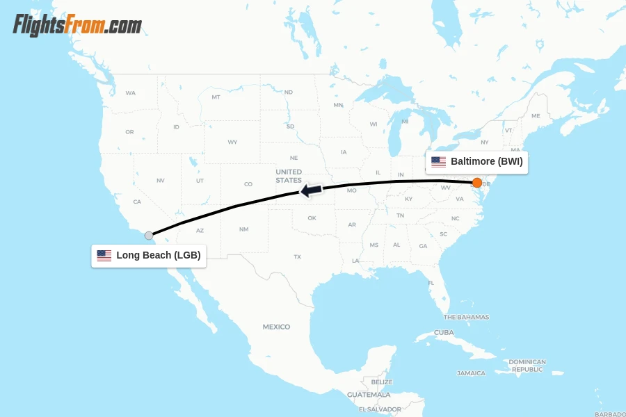 Flights from Baltimore to Long Beach route map