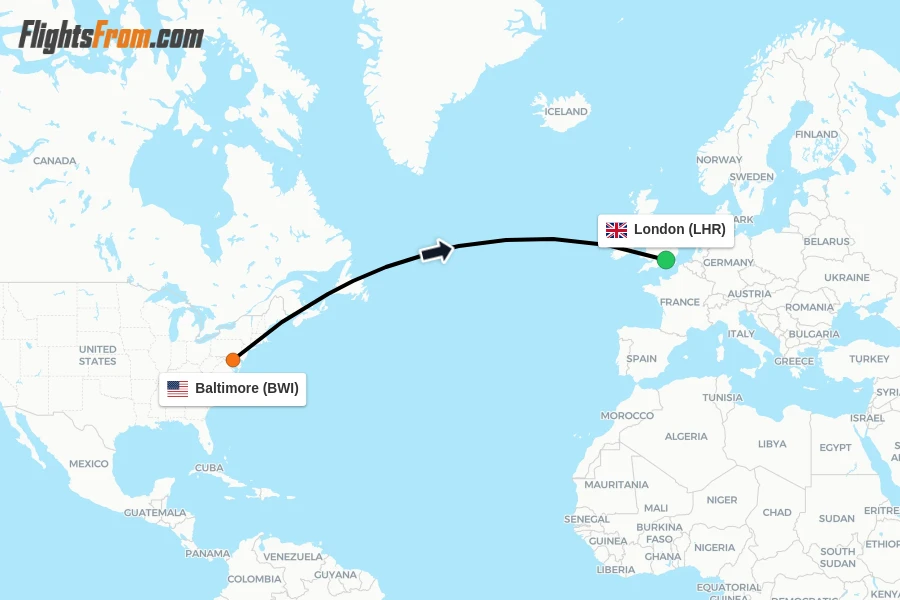 Flights from Baltimore to London route map
