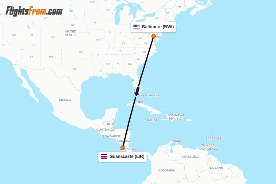 Flights from Baltimore to Guanacaste route map