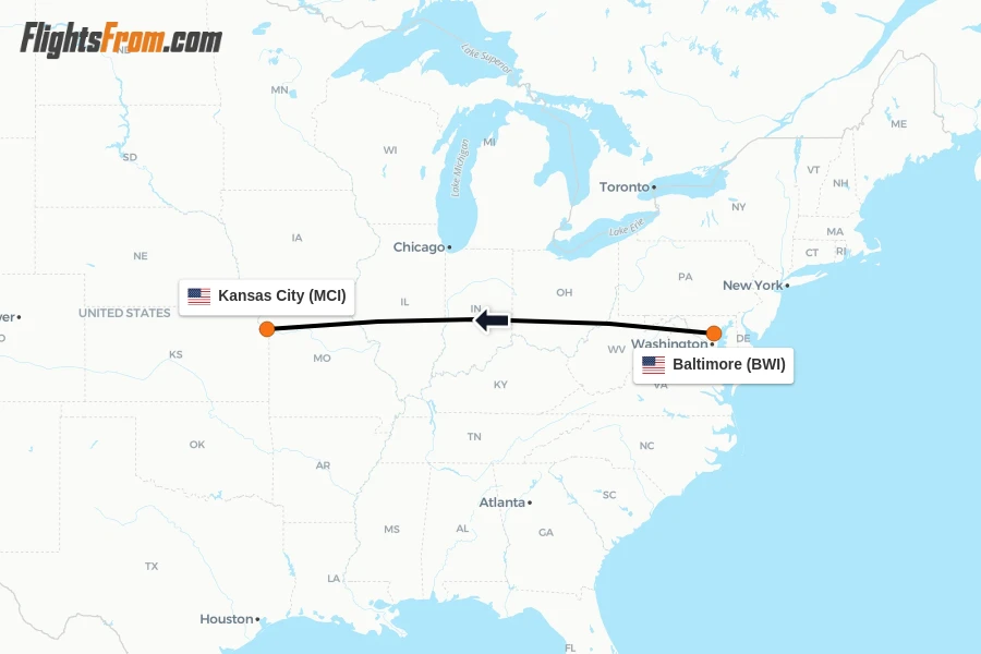 Flights from Baltimore to Kansas City route map