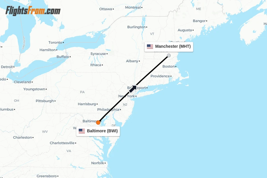 Flights from Baltimore to Manchester route map