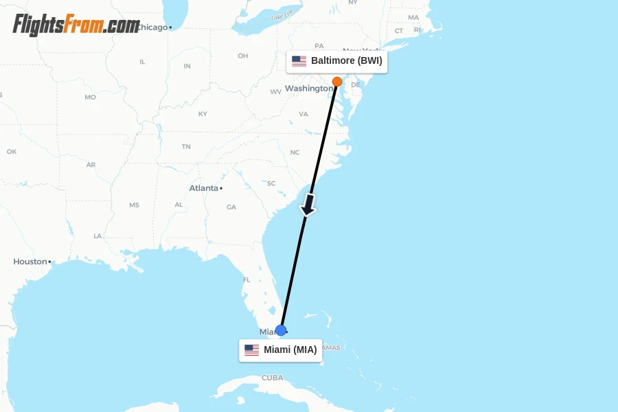 Flights from Baltimore to Miami route map