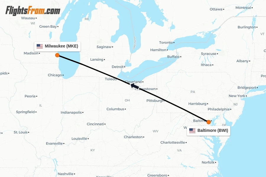 Flights from Baltimore to Milwaukee route map