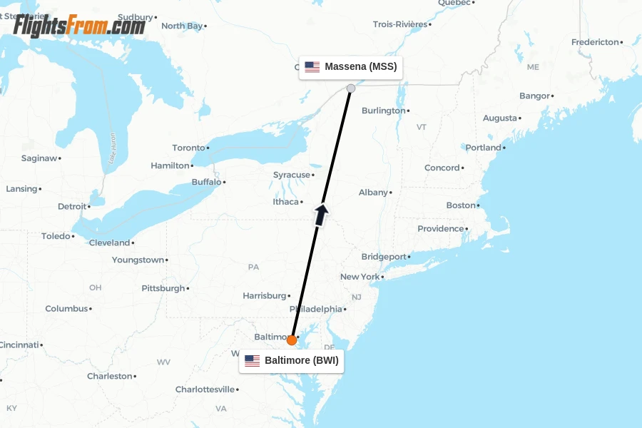 Flights from Baltimore to Massena route map