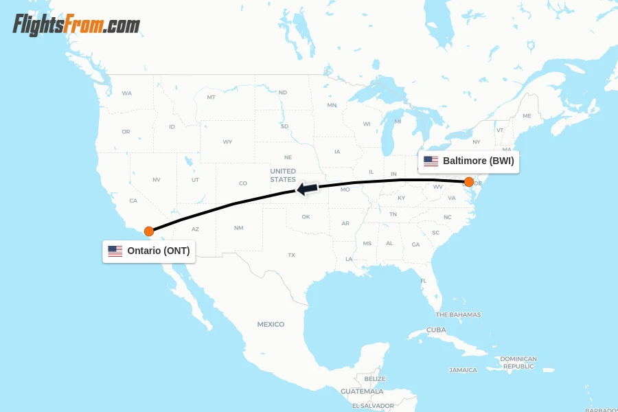 Flights from Baltimore to Ontario route map