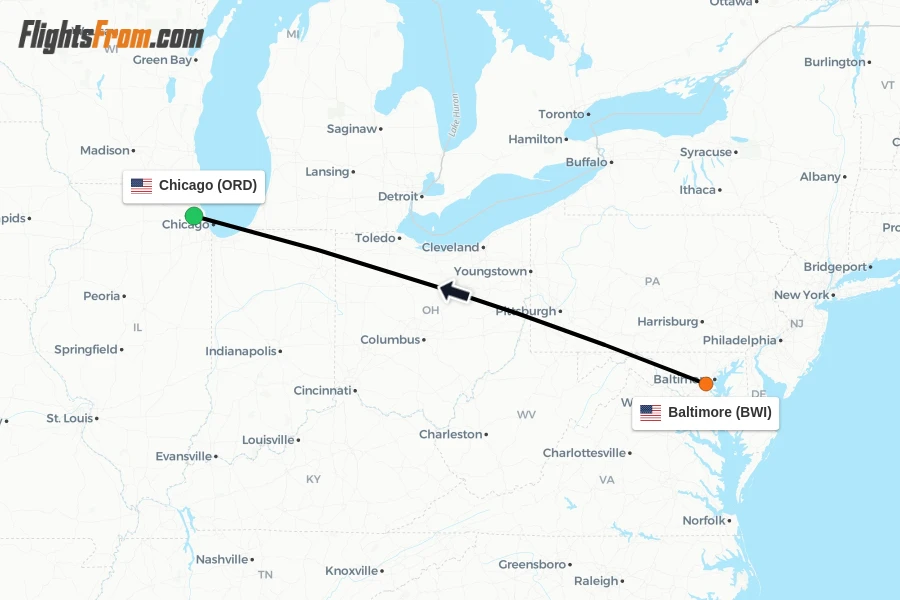 Flights from Baltimore to Chicago route map