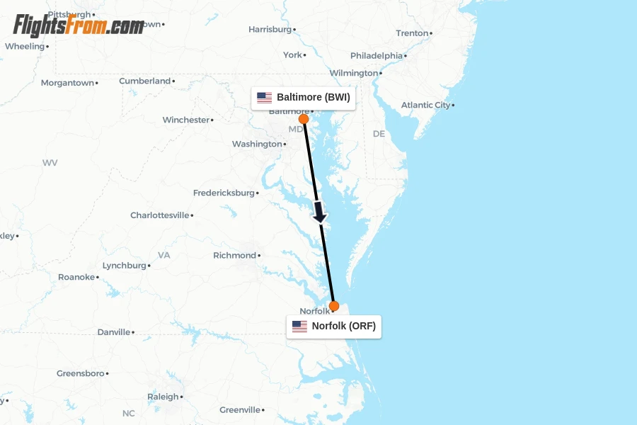 Flights from Baltimore to Norfolk route map