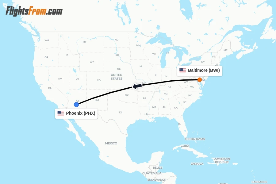 Flights from Baltimore to Phoenix route map