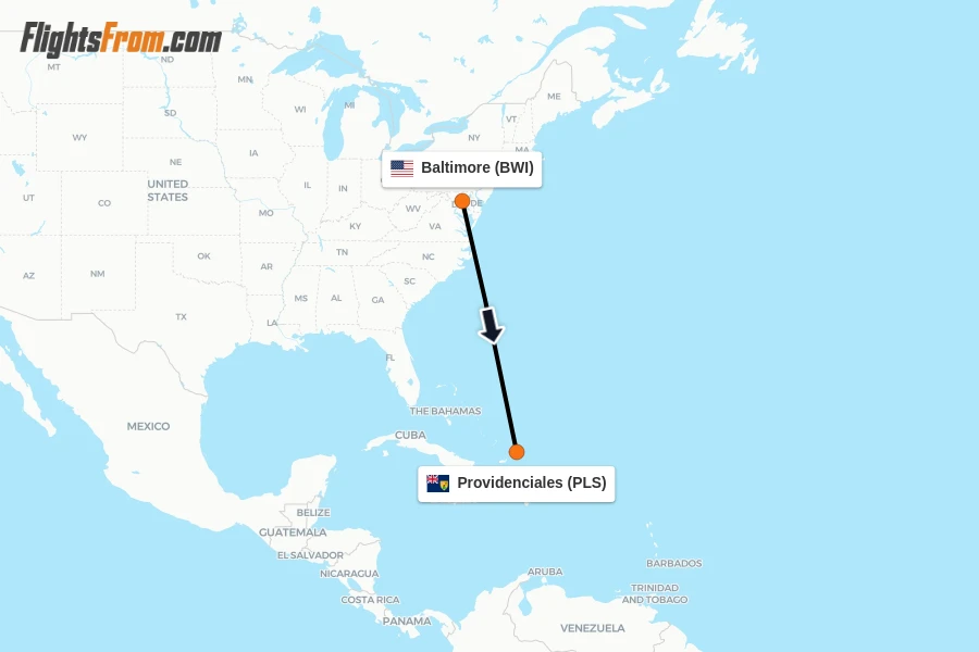 Flights from Baltimore to Providenciales route map