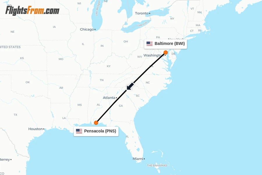 Flights from Baltimore to Pensacola route map