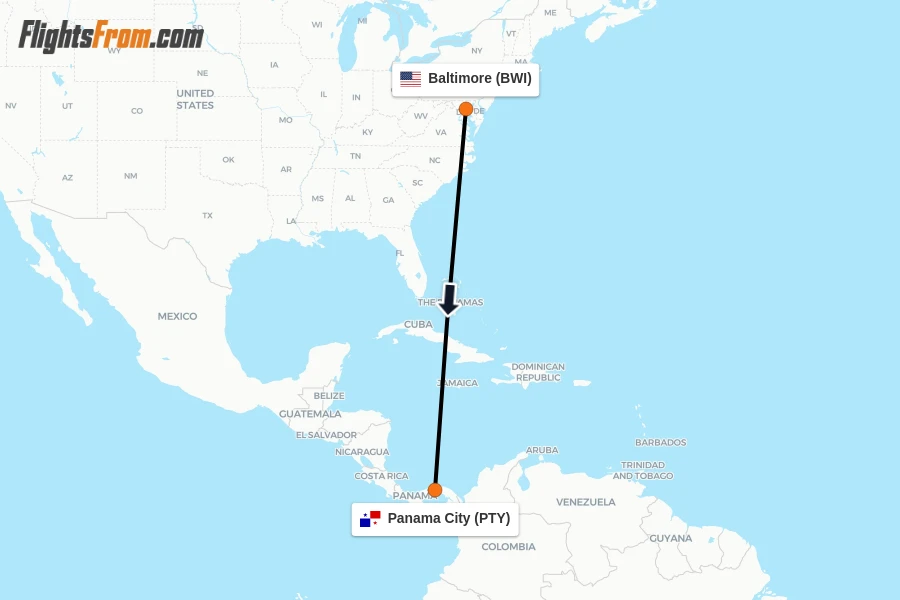 Flights from Baltimore to Panama City route map