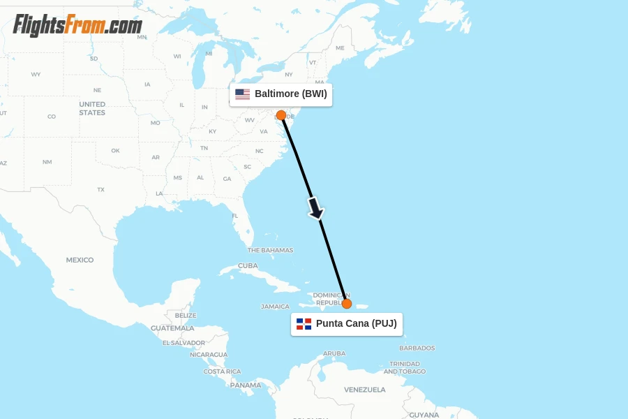 Flights from Baltimore to Punta Cana route map