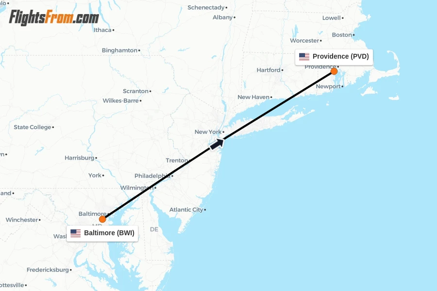 Flights from Baltimore to Providence route map