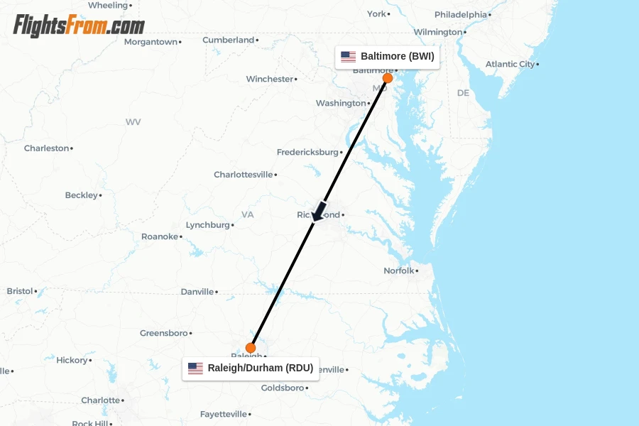 Flights from Baltimore to Raleigh/Durham route map