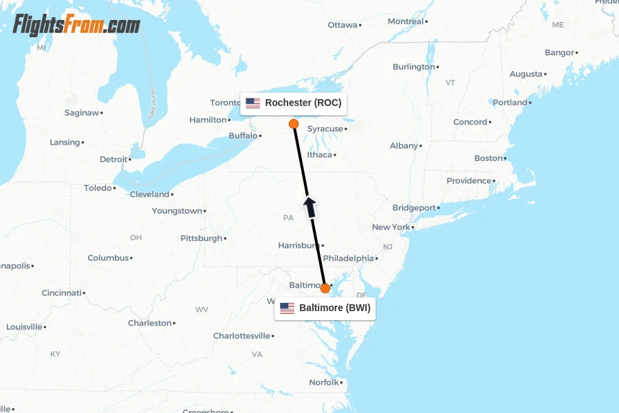 Flights from Baltimore to Rochester route map