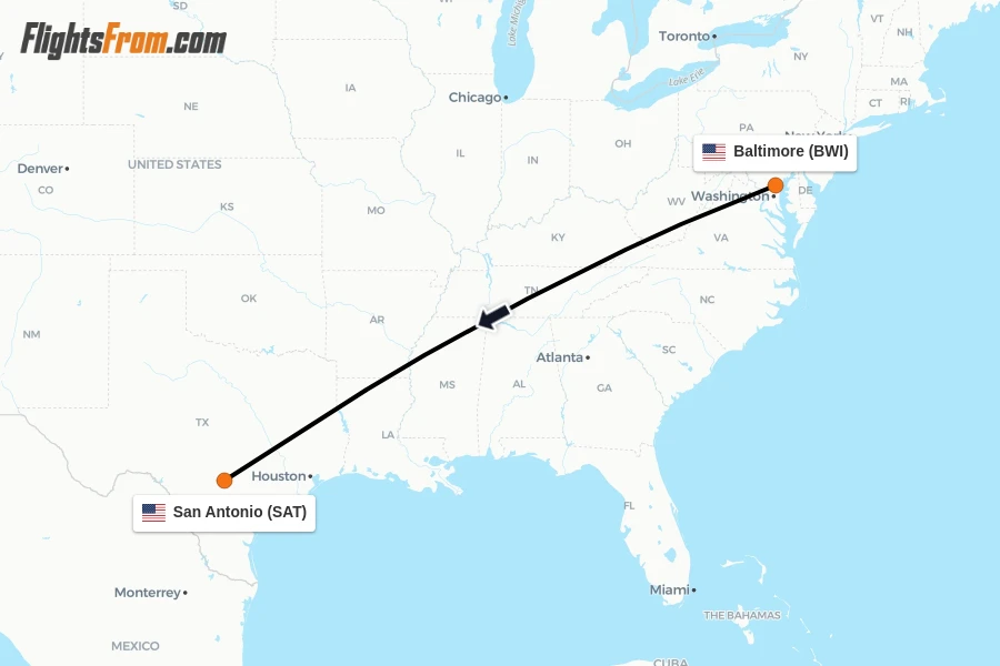 Flights from Baltimore to San Antonio route map