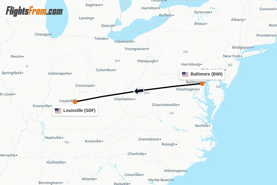 Flights from Baltimore to Louisville route map