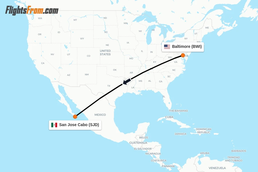 Flights from Baltimore to San Jose Cabo route map