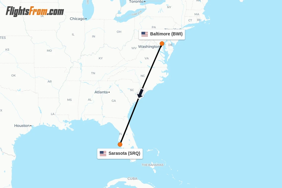 Flights from Baltimore to Sarasota route map