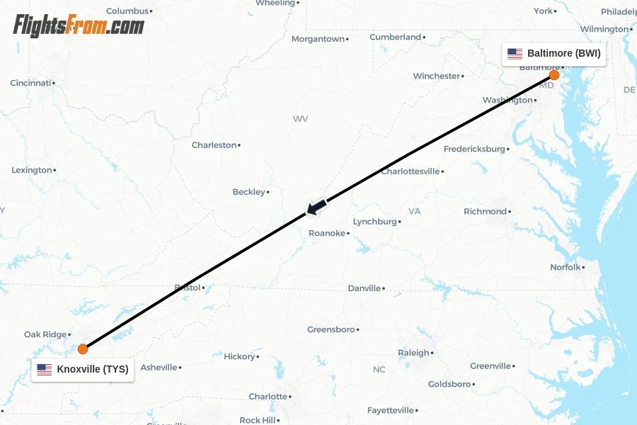 Flights from Baltimore to Knoxville route map