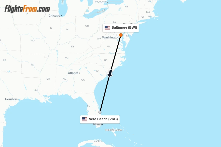 Flights from Baltimore to Vero Beach route map
