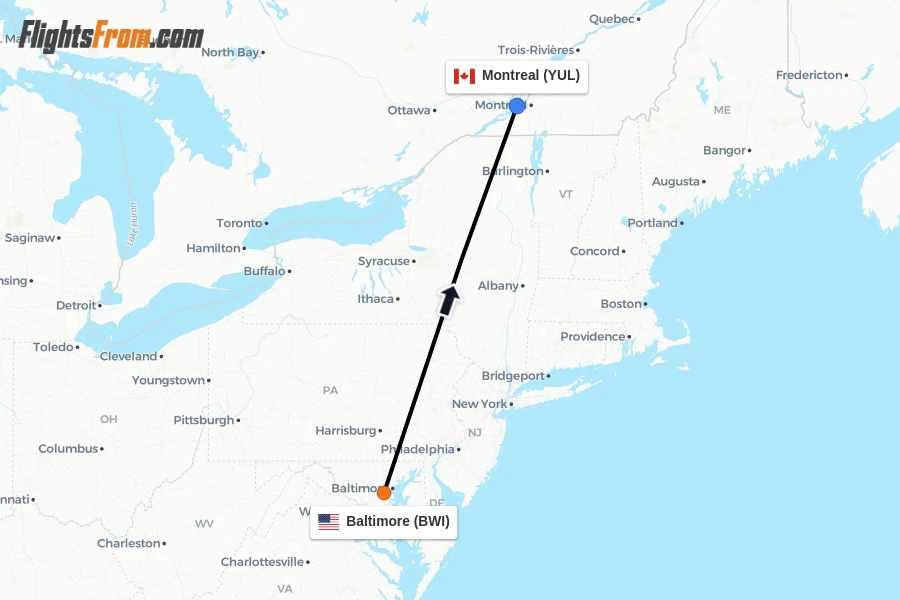 Flights from Baltimore to Montreal route map