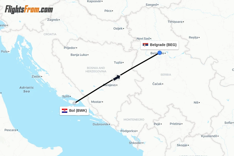 Flights from Bol to Belgrade route map