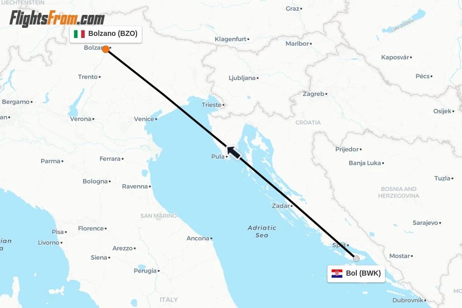 Flights from Bol to Bolzano route map