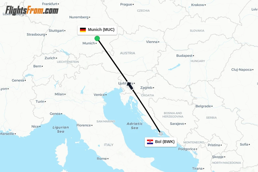 Flights from Bol to Munich route map
