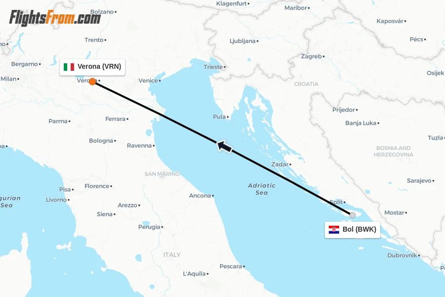 Flights from Bol to Verona route map