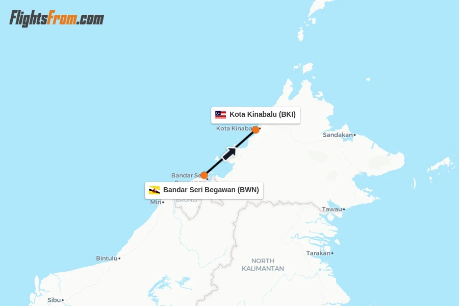 Flights from Bandar Seri Begawan to Kota Kinabalu route map