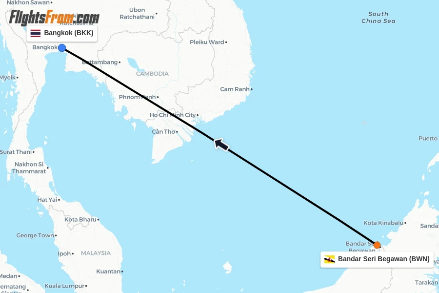 Flights from Bandar Seri Begawan to Bangkok route map