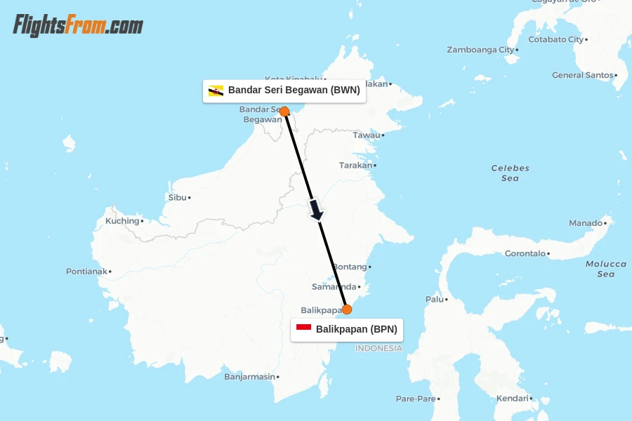 Flights from Bandar Seri Begawan to Balikpapan route map