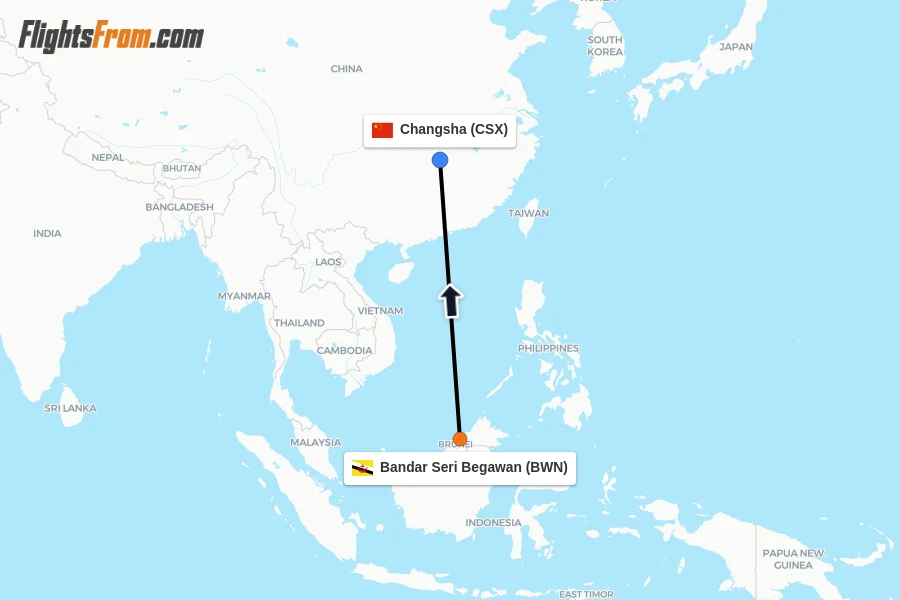 Flights from Bandar Seri Begawan to Changsha route map