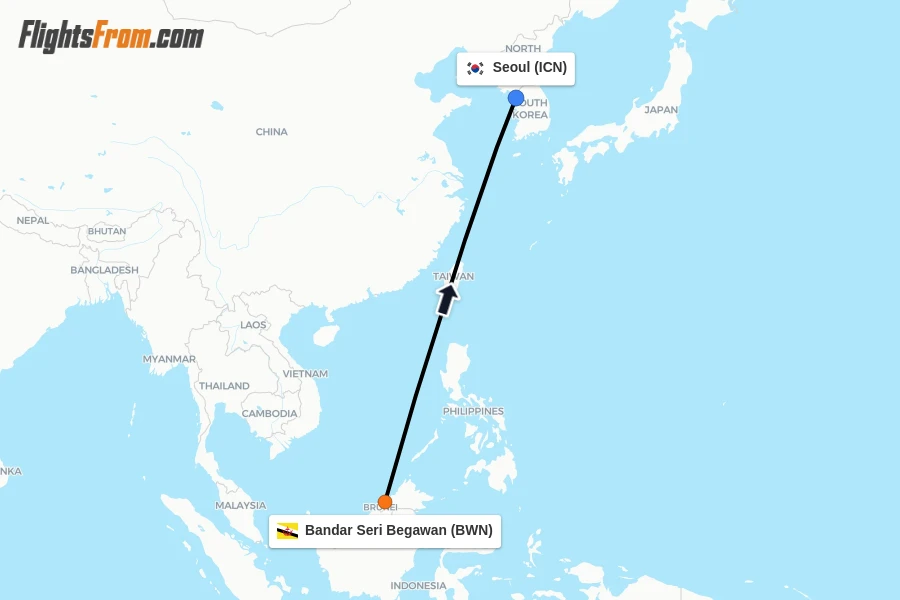 Flights from Bandar Seri Begawan to Seoul route map