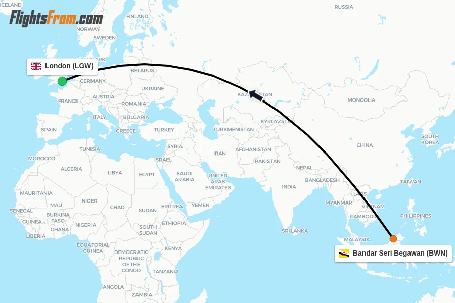 Flights from Bandar Seri Begawan to London route map